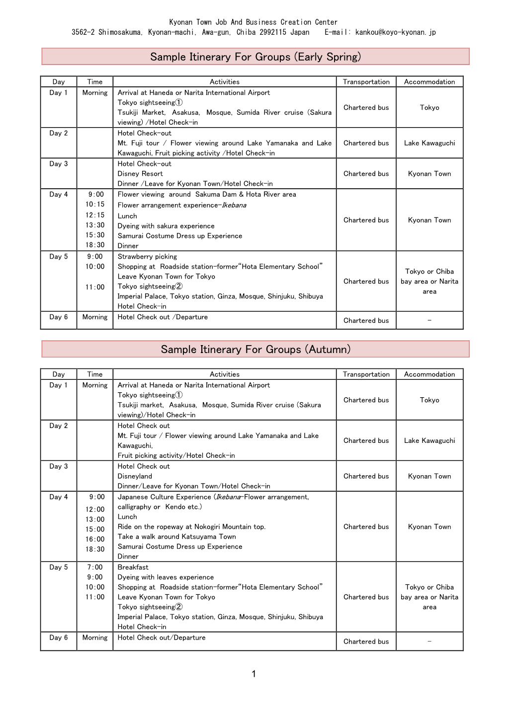 Sample Itinerary for Groups (Early Spring)