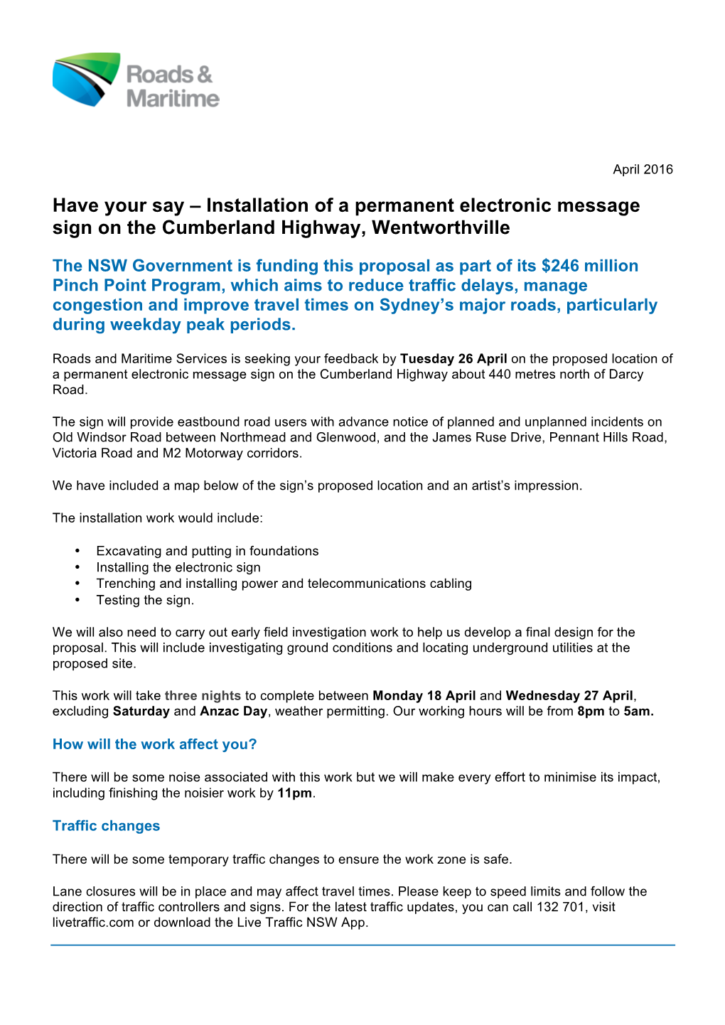 Have Your Say – Installation of a Permanent Electronic Message Sign on the Cumberland Highway, Wentworthville