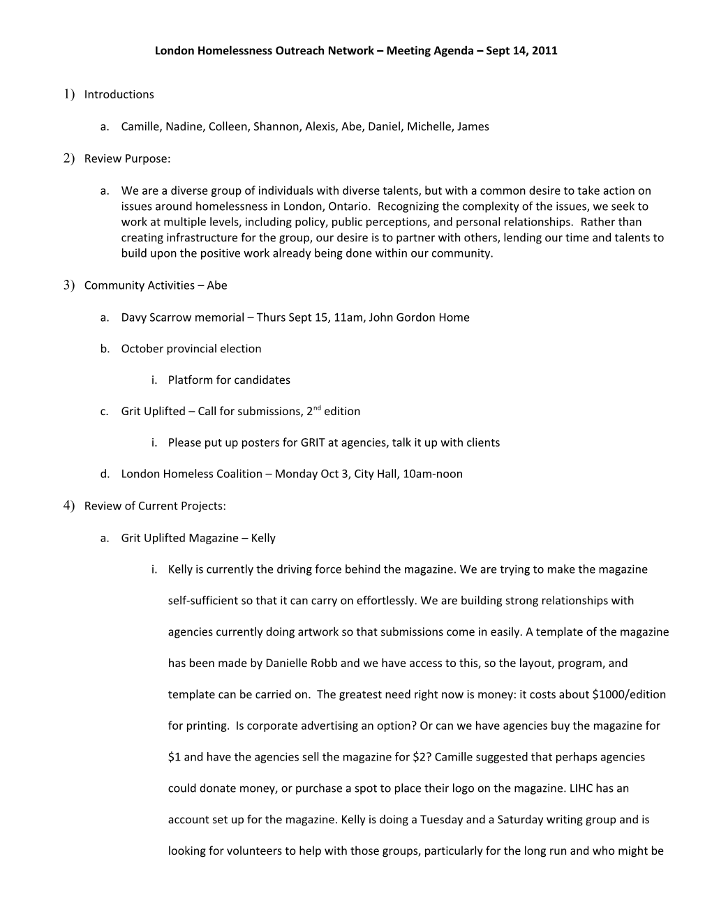 London Homelessness Outreach Network Meeting Agenda Sept 14, 2011