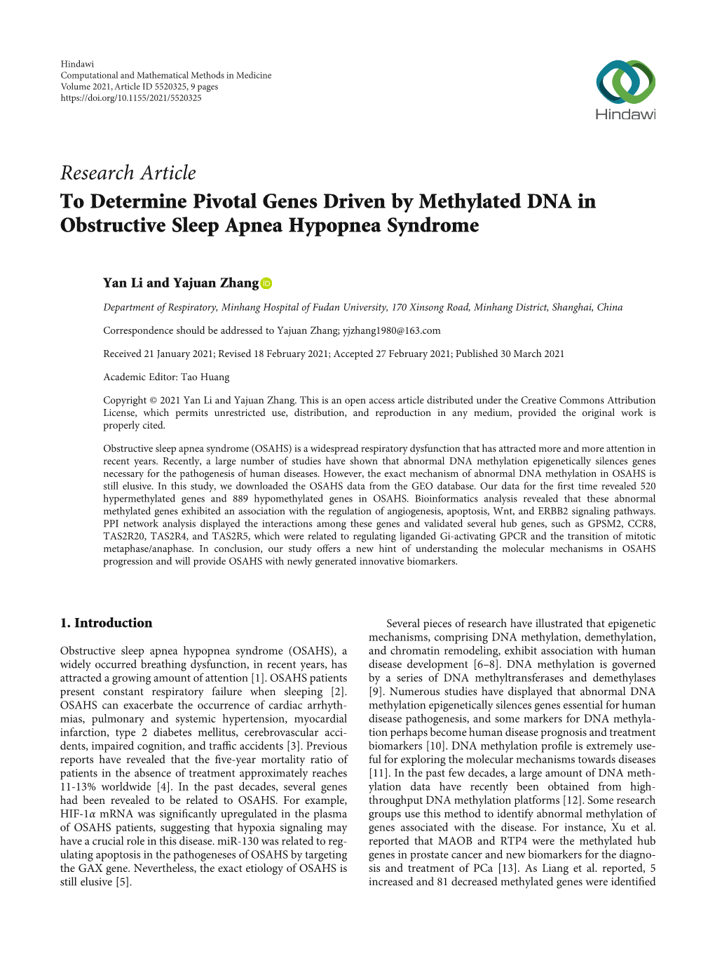 To Determine Pivotal Genes Driven by Methylated DNA in Obstructive Sleep Apnea Hypopnea Syndrome