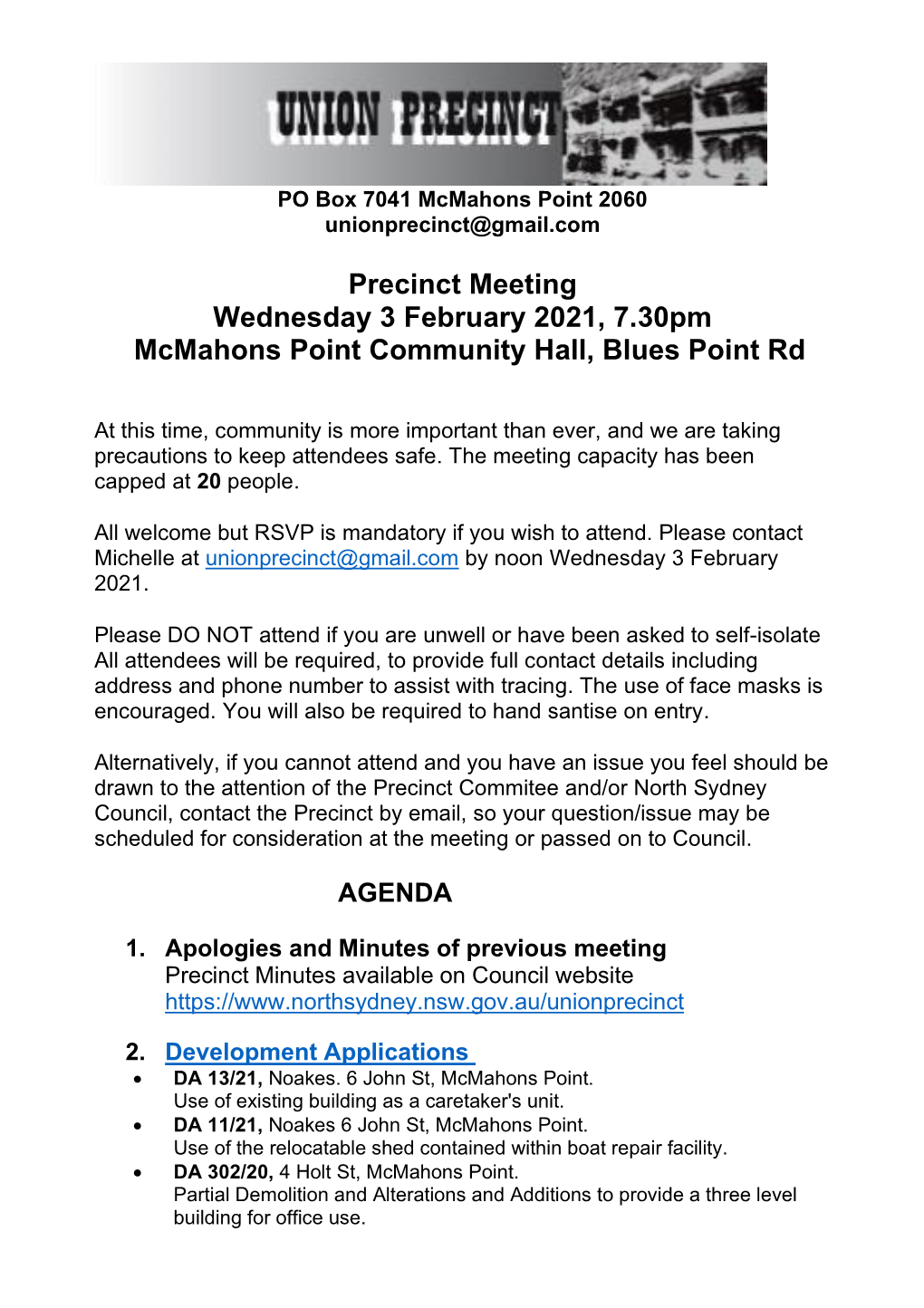 Precinct Meeting Wednesday 3 February 2021, 7.30Pm Mcmahons Point Community Hall, Blues Point Rd