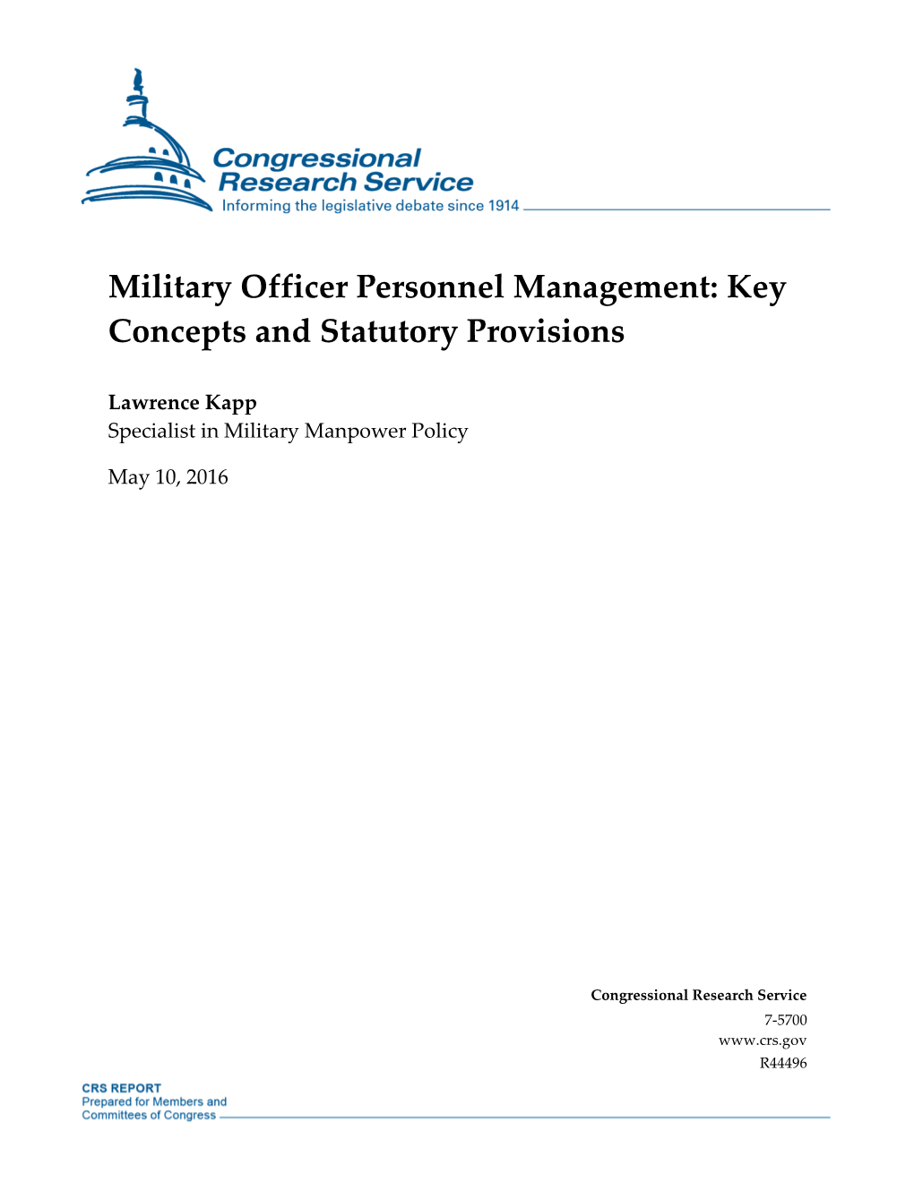 Military Officer Personnel Management: Key Concepts and Statutory Provisions