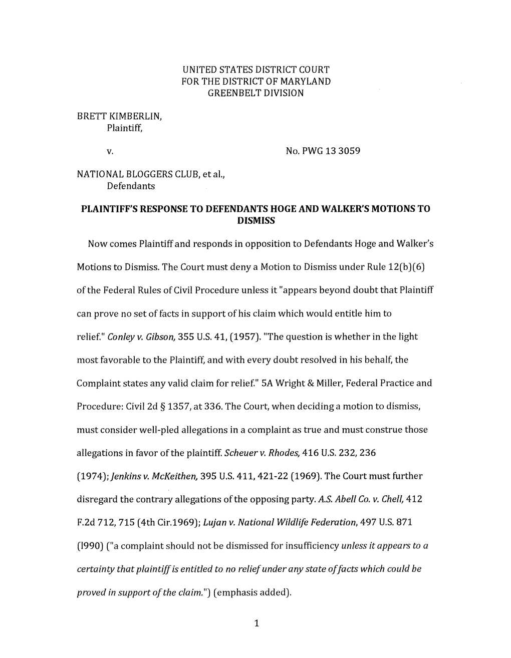 Plaintiff's Response to Defendants Hoge and Walker's Motions to Dismiss