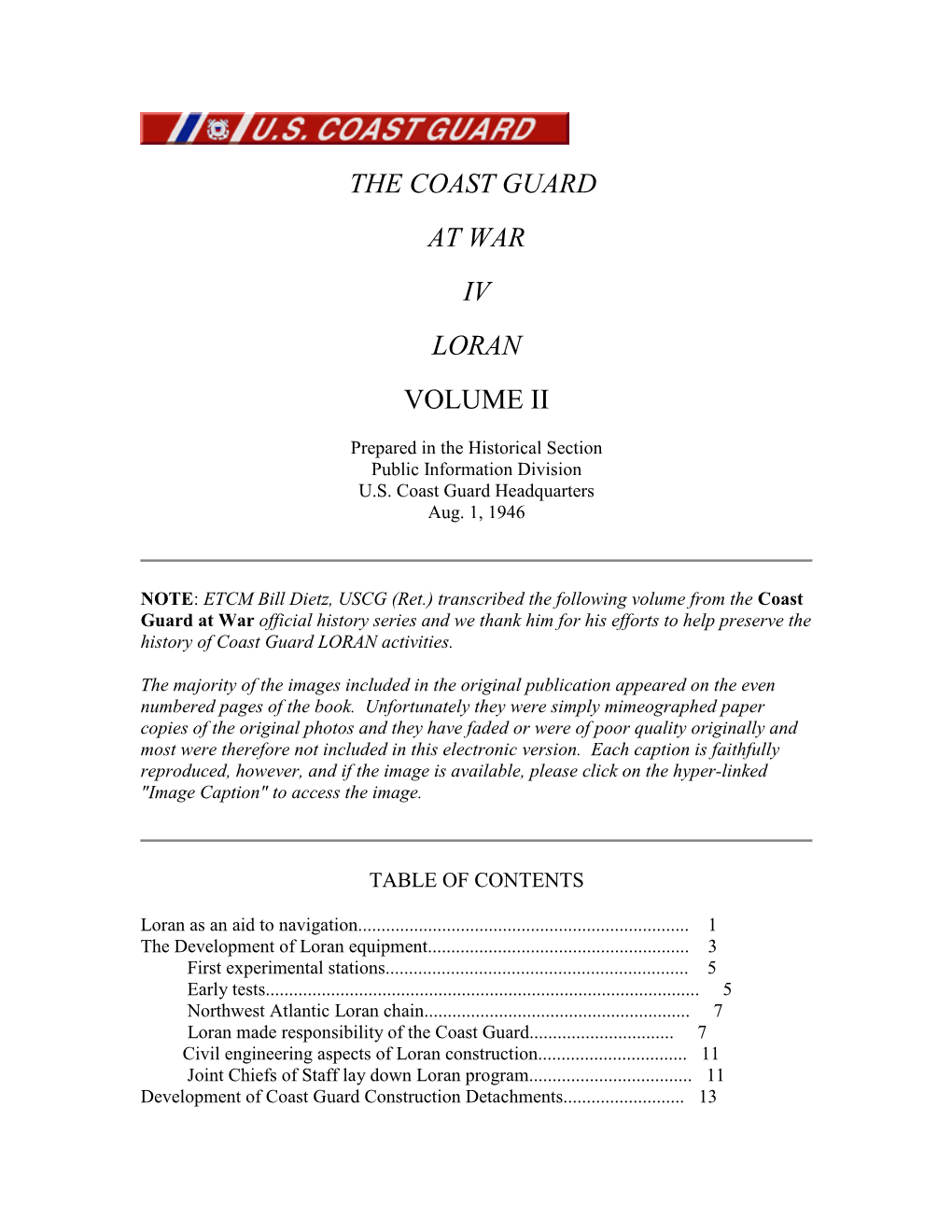The Coast Guard at War Iv Loran Volume Ii