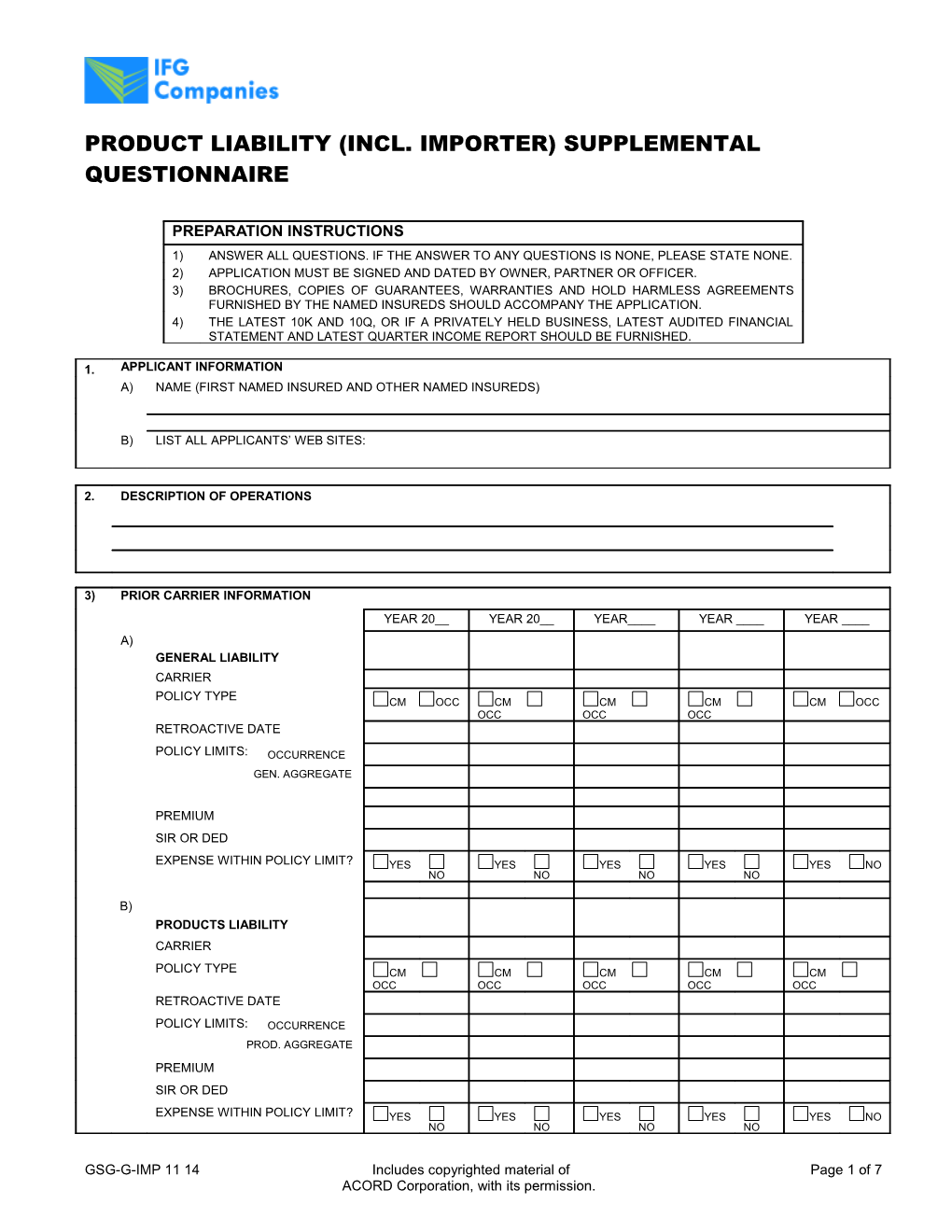 Big Submit Unit Product Liability Supplemental Questionnaire