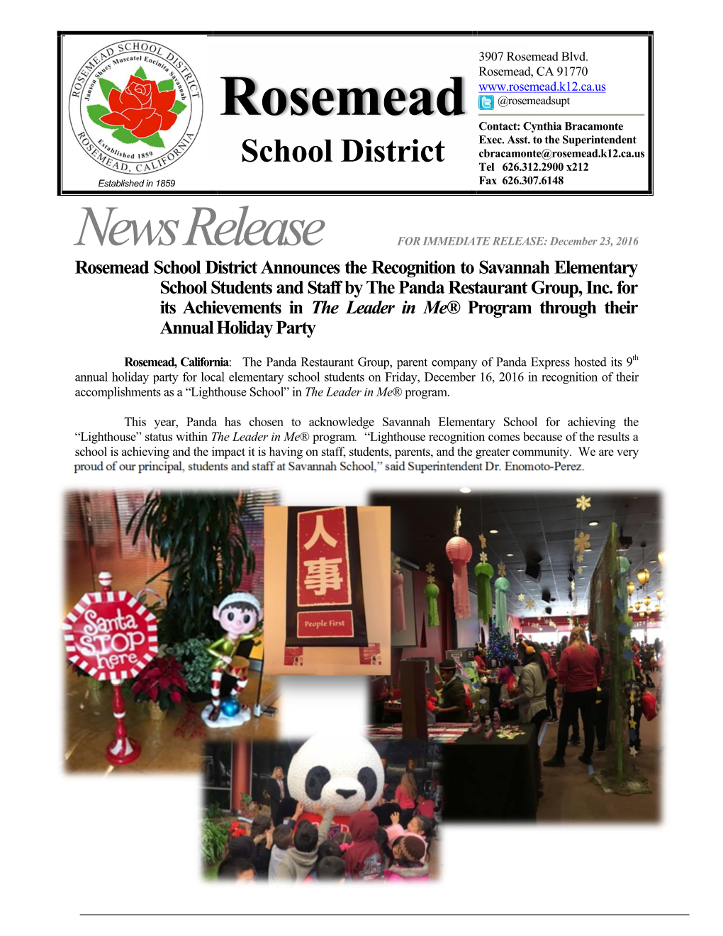 Rosemead SD Announces the Recognition to Savannah Students