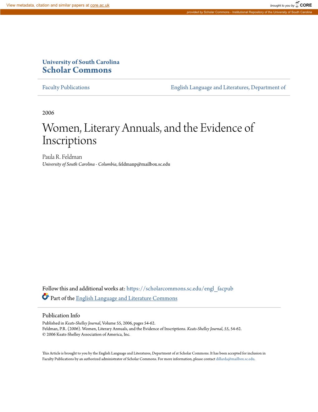 Women, Literary Annuals, and the Evidence of Inscriptions Paula R