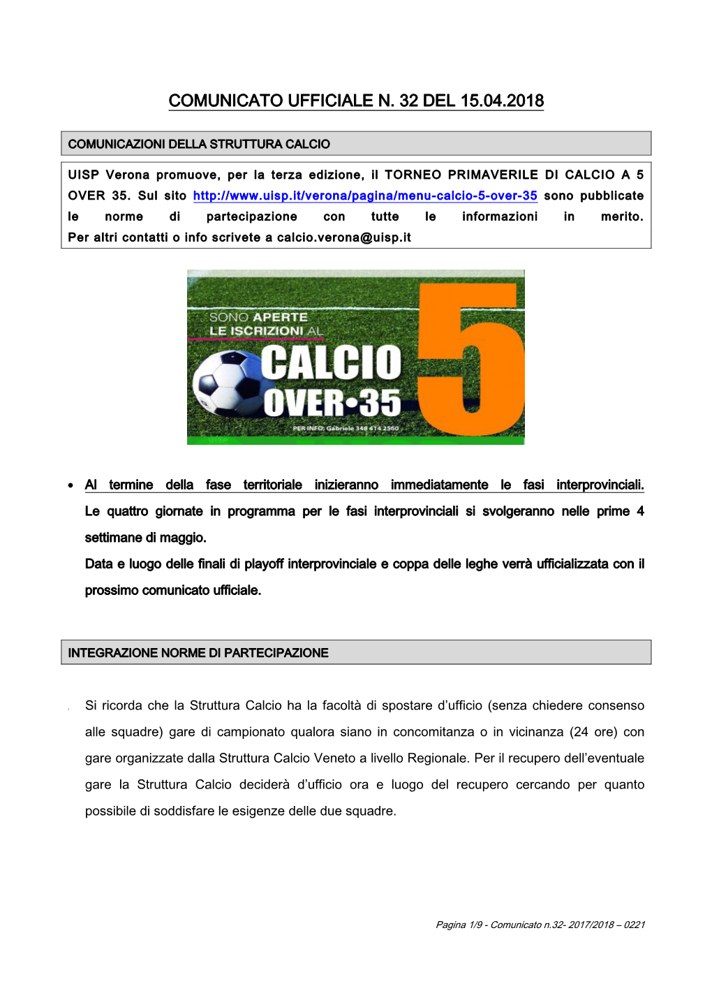 Comunicato Ufficiale N. 32 Del 15.04.2018