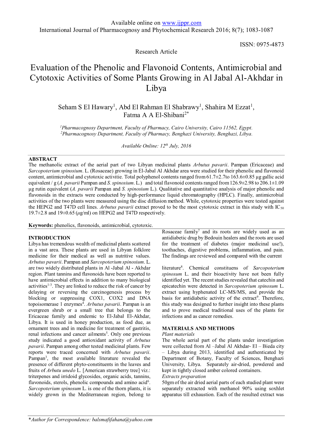 Evaluation of the Phenolic and Flavonoid Contents, Antimicrobial and Cytotoxic Activities of Some Plants Growing in Al Jabal Al-Akhdar in Libya