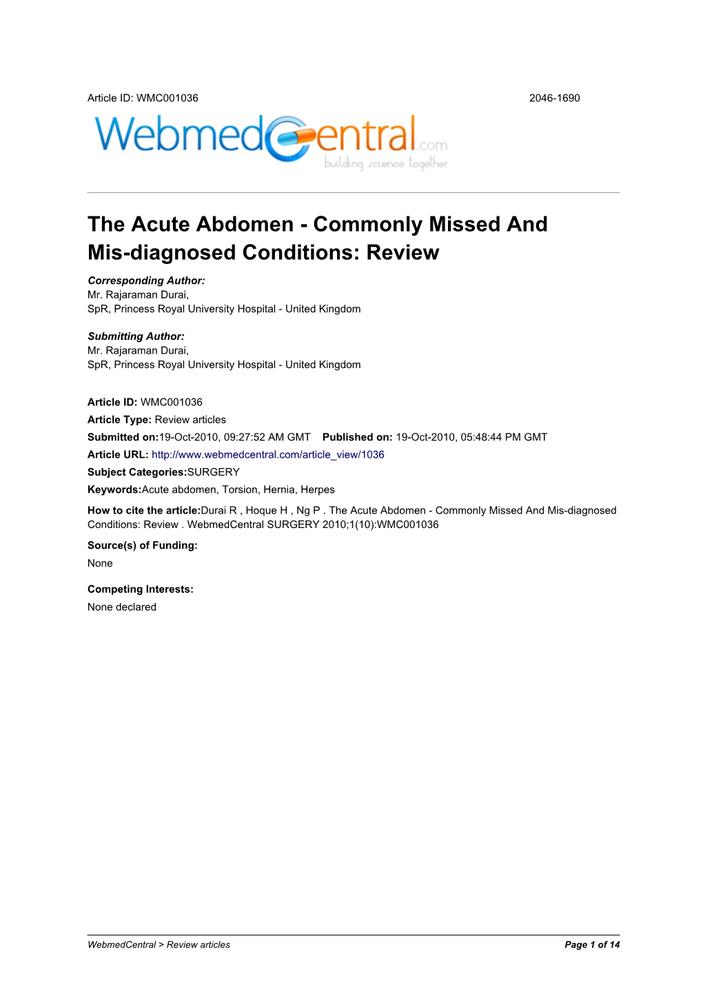 The Acute Abdomen - Commonly Missed and Mis-Diagnosed Conditions: Review
