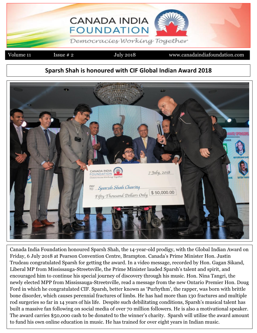 Sparsh Shah Is Honoured with CIF Global Indian Award 2018