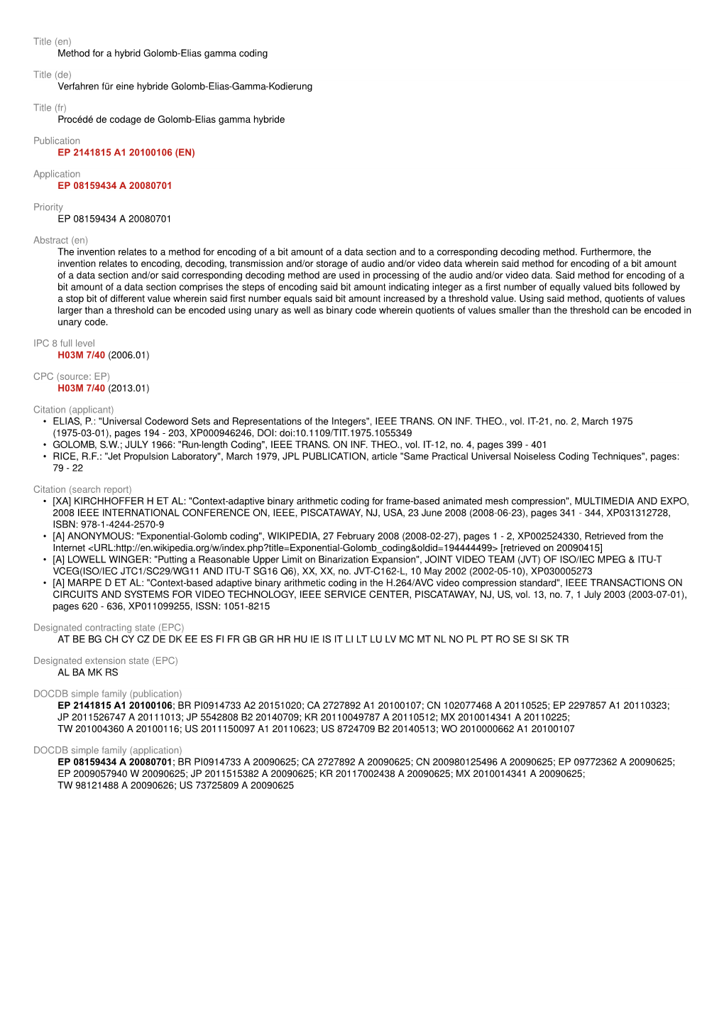 Title (En) Method for a Hybrid Golomb-Elias Gamma Coding Title