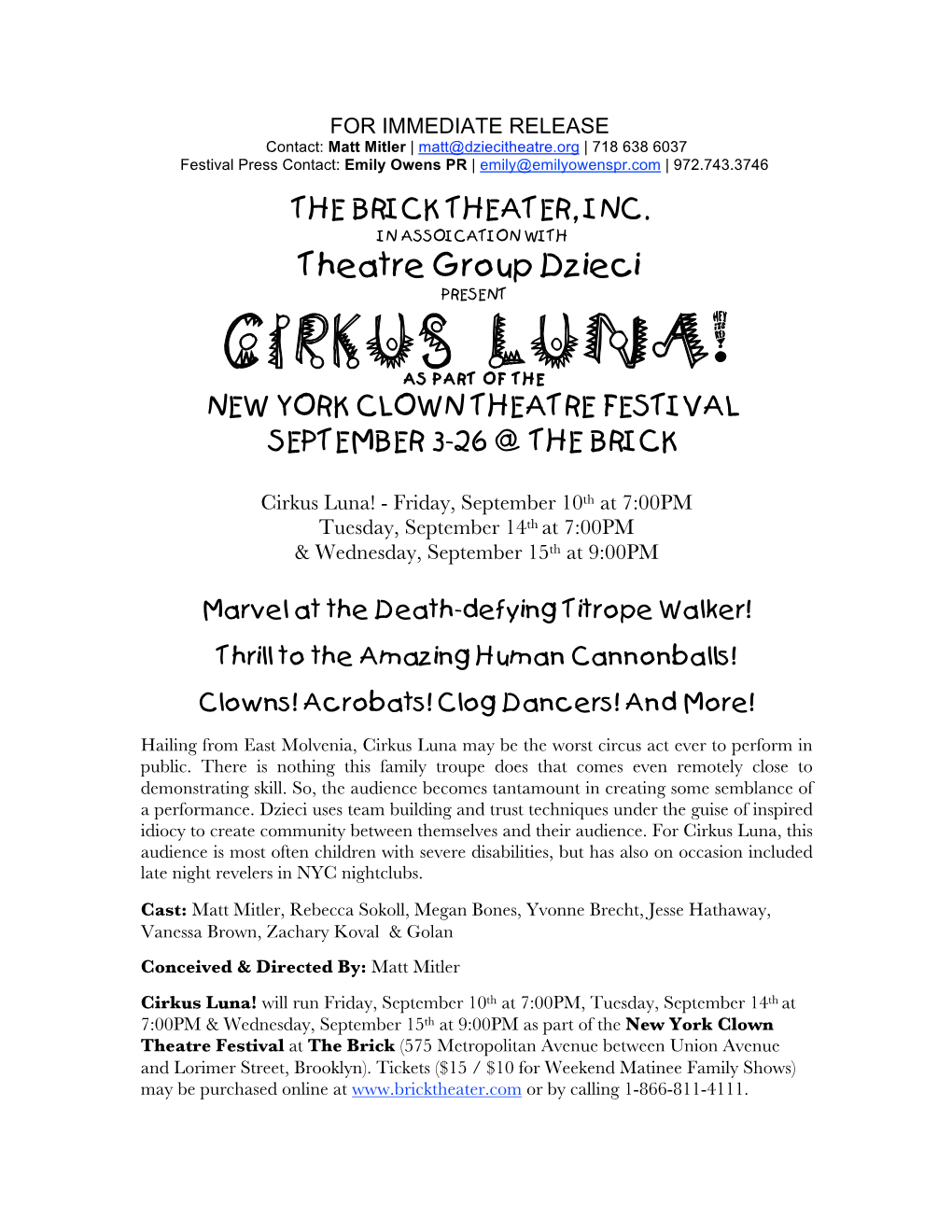 Cirkus Luna! AS PART of the NEW YORK CLOWN THEATRE FESTIVAL SEPTEMBER 3-26 @ the BRICK