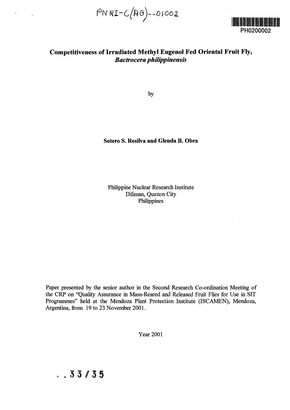 Competitiveness of Irradiated Methyl Eugenol Fed Oriental Fruit Fly, Bactrocera Philippinensis