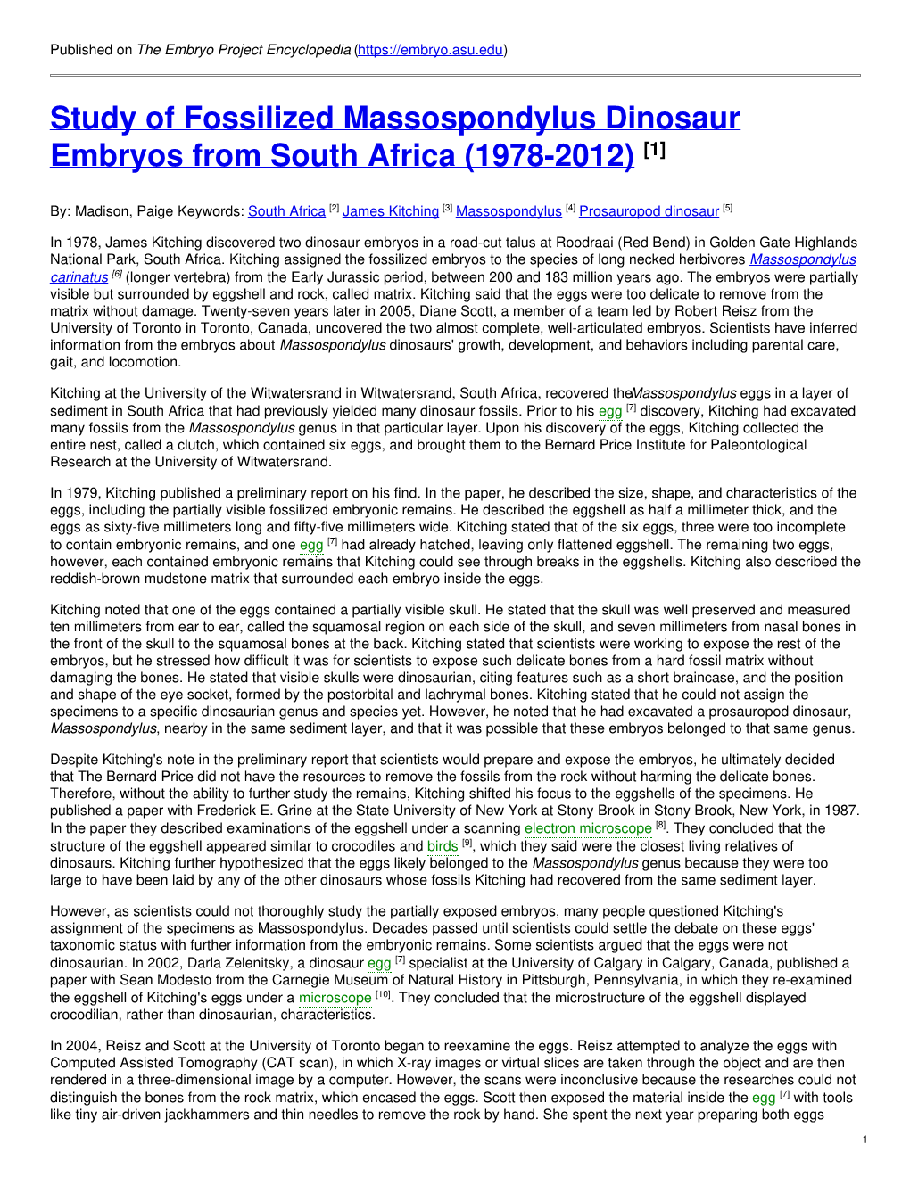 Study of Fossilized Massospondylus Dinosaur Embryos from South Africa (1978-2012) [1]