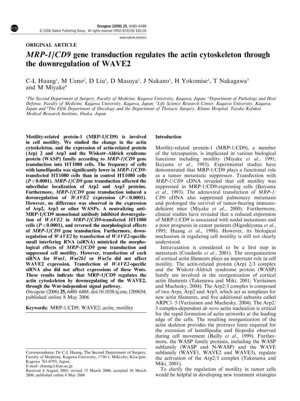MRP-1/CD9 Gene Transduction Regulates the Actin Cytoskeleton Through the Downregulation of WAVE2