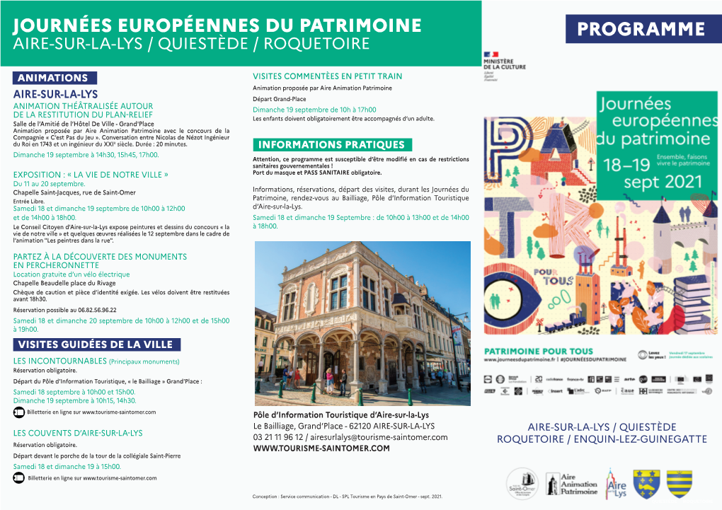 Journées Européennes Du Patrimoine Programme Aire-Sur-La-Lys / Quiestède / Roquetoire