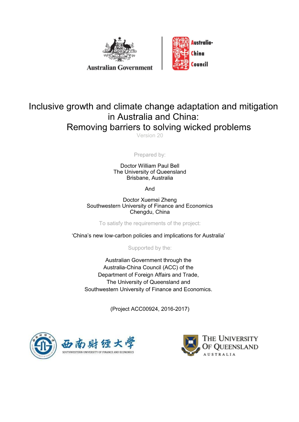 Inclusive Growth and Climate Change Adaptation and Mitigation in Australia and China: Removing Barriers to Solving Wicked Problems Version 20