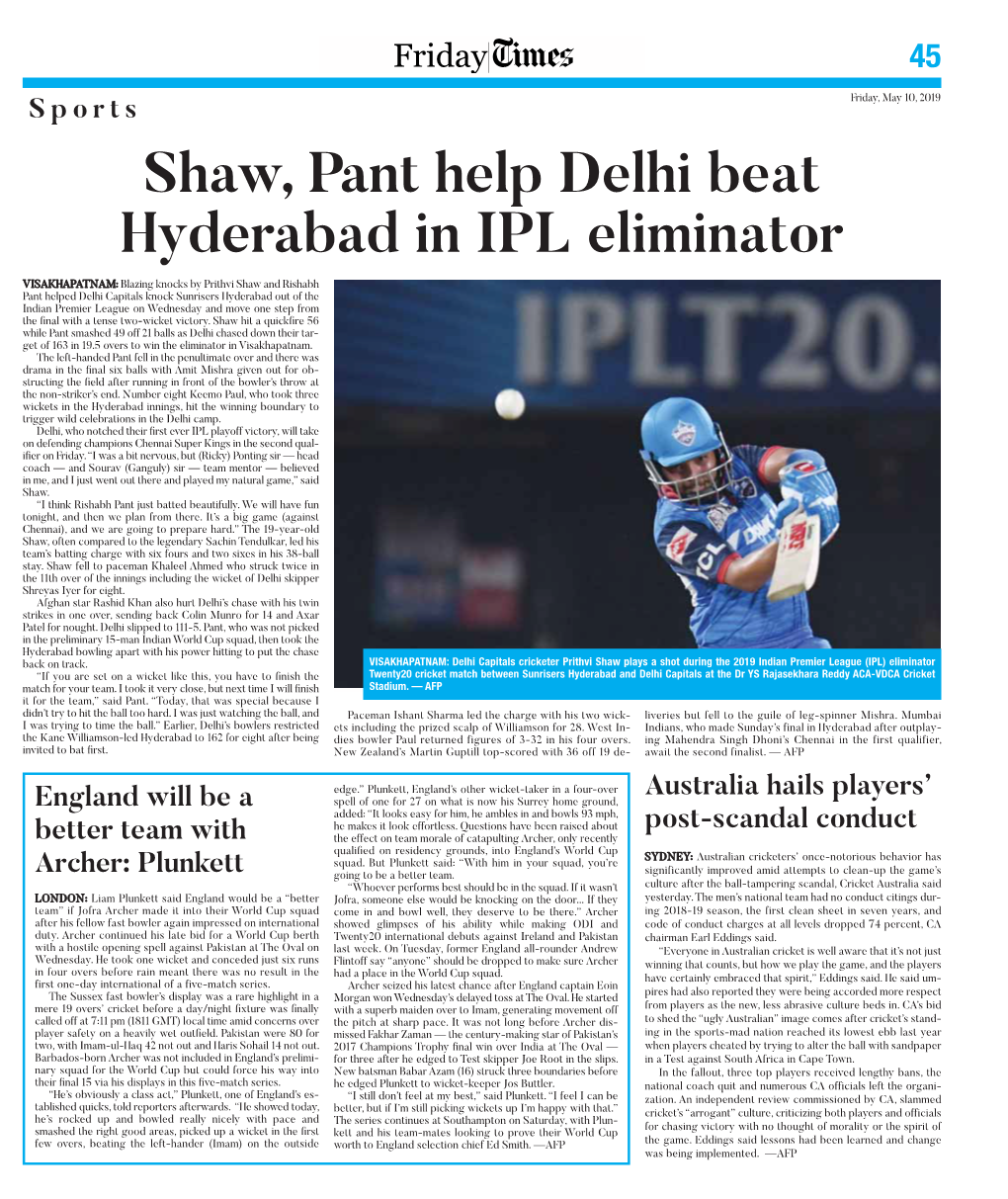 Shaw, Pant Help Delhi Beat Hyderabad in IPL Eliminator