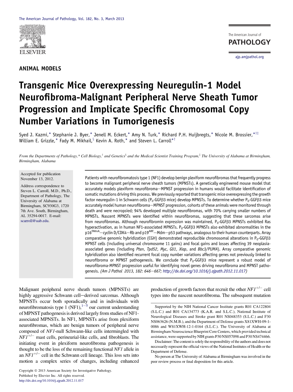 Transgenic Mice Overexpressing Neuregulin-1 Model Neurofibroma