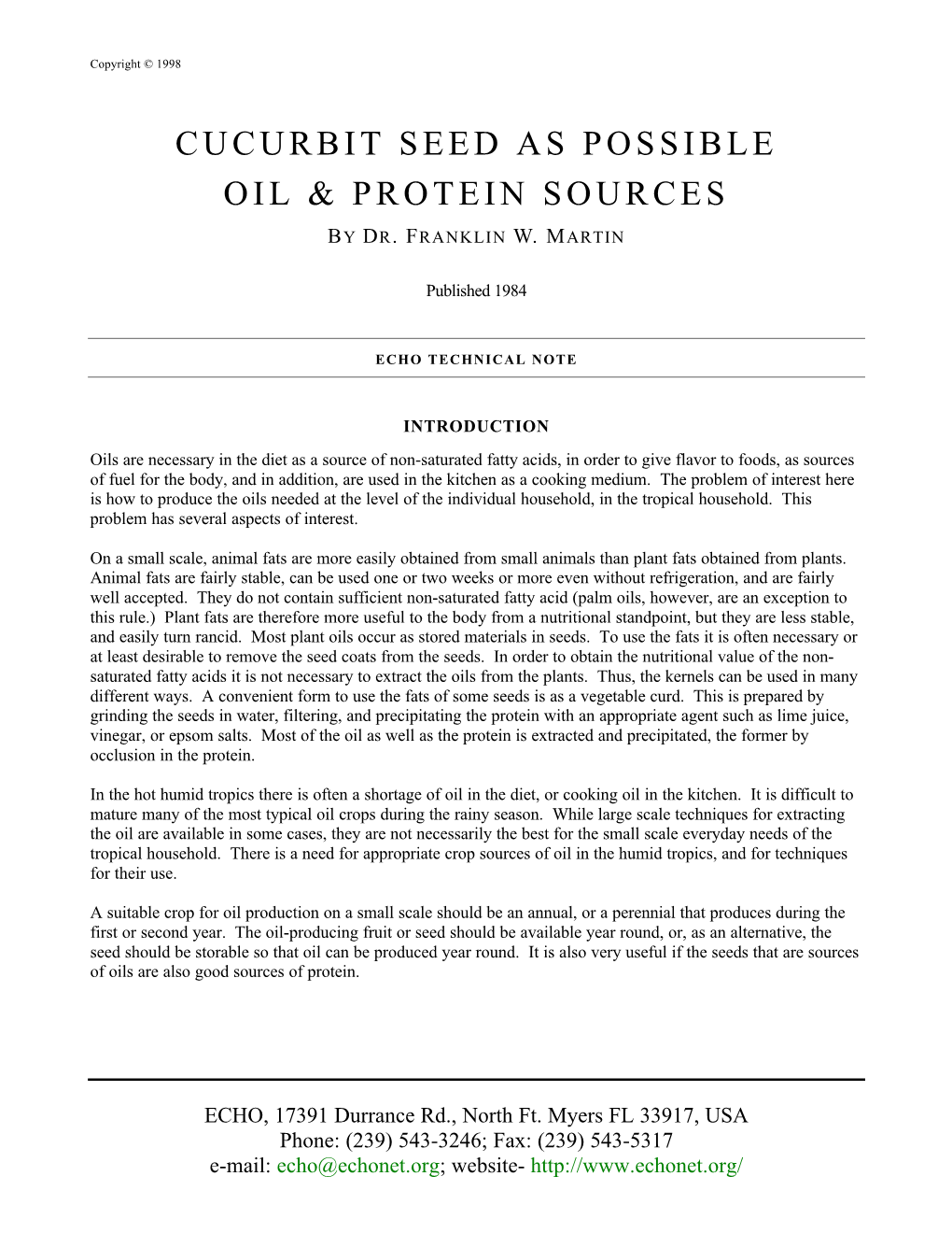 Cucurbit Seed As Possible Oil and Protein Source