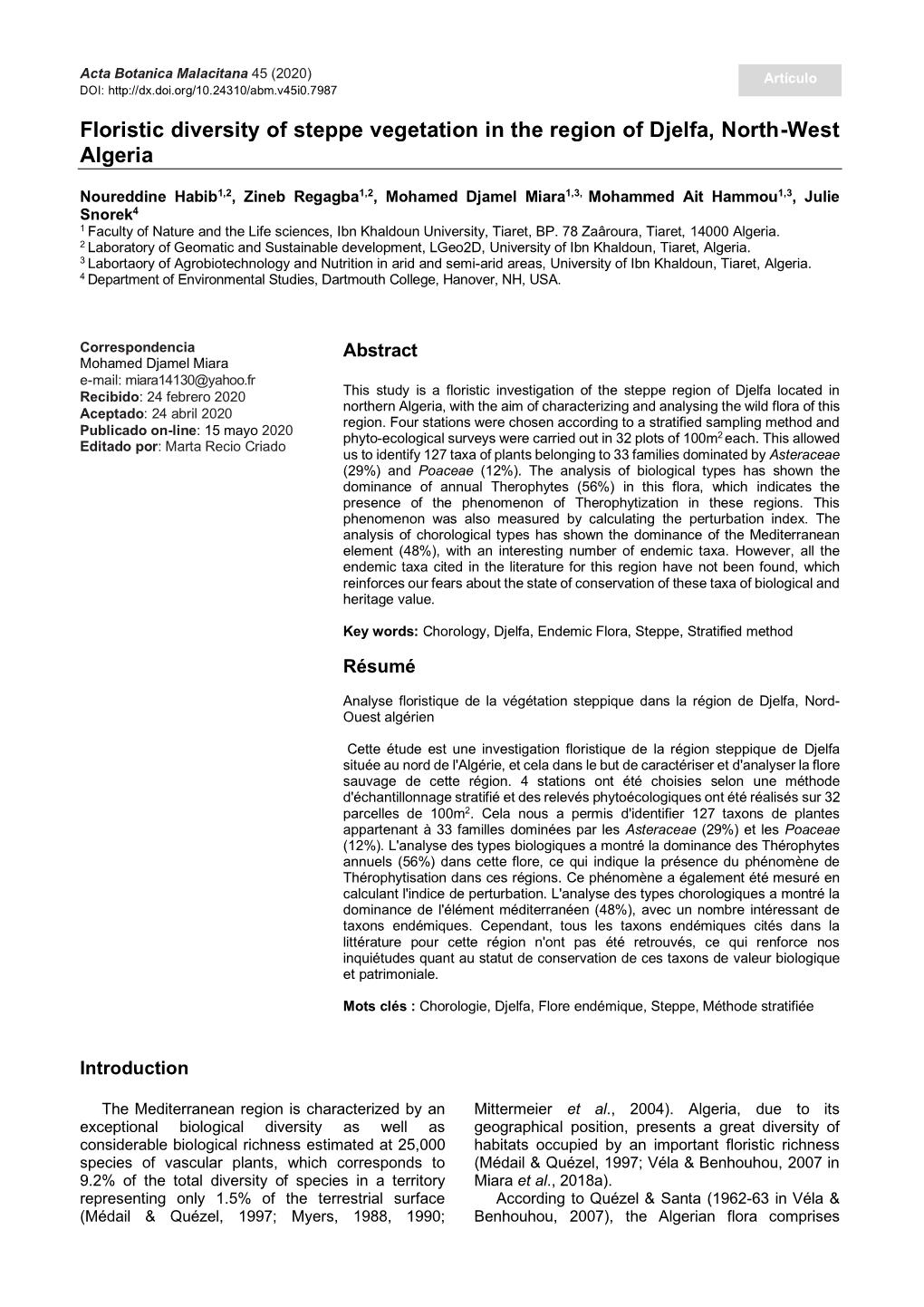 Floristic Diversity of Steppe Vegetation in the Region of Djelfa, North-West Algeria