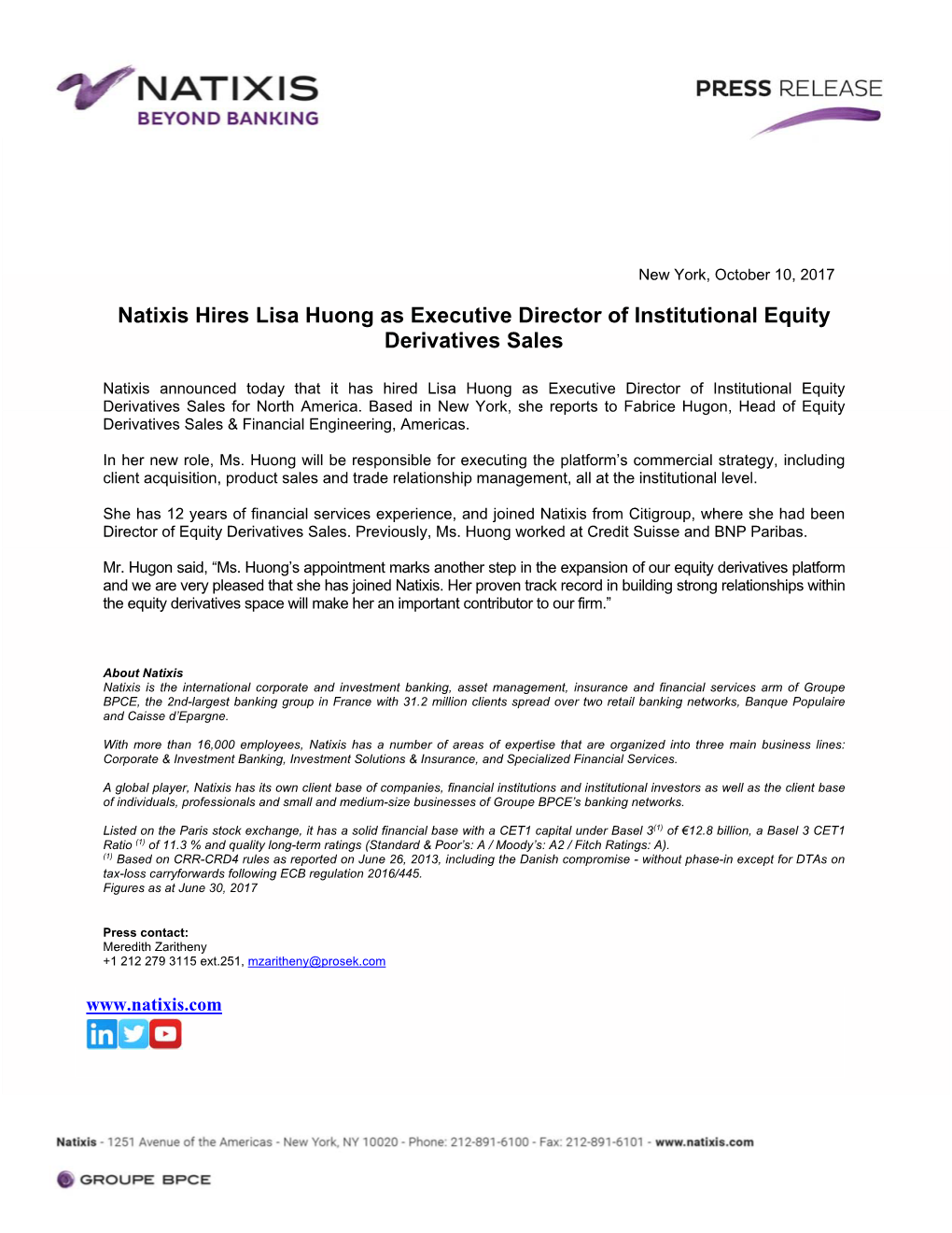 Natixis Hires Lisa Huong As Executive Director of Institutional Equity Derivatives Sales