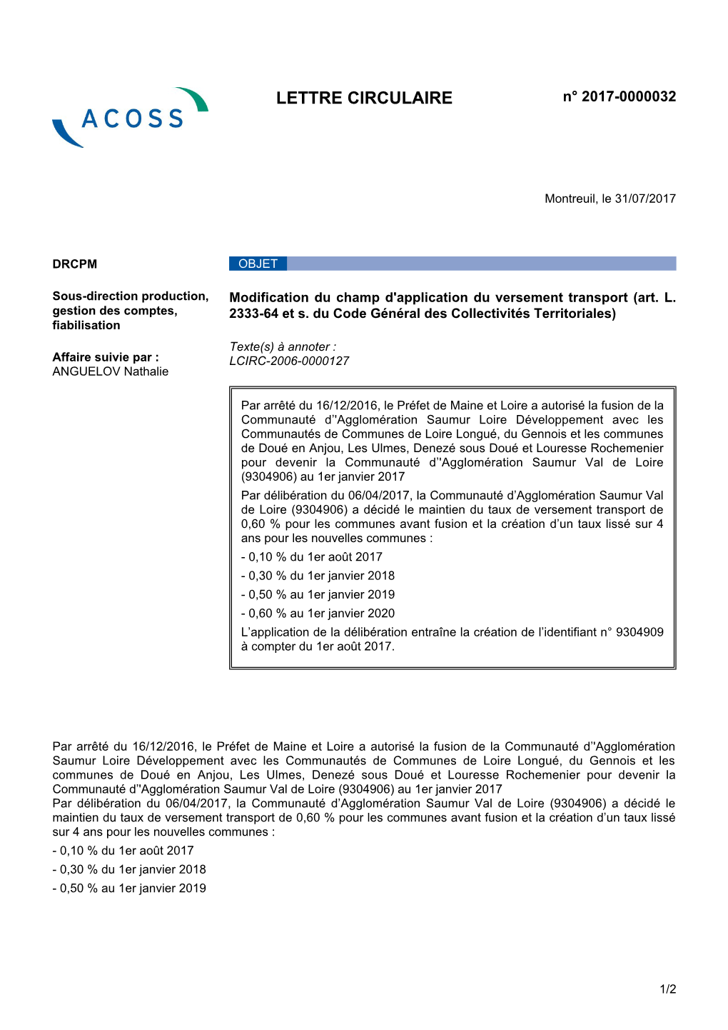 LETTRE CIRCULAIRE N° 2017-0000032