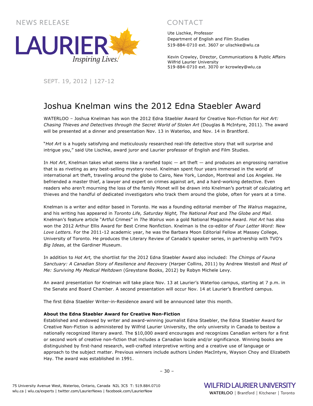 Joshua Knelman Wins the 2012 Edna Staebler Award
