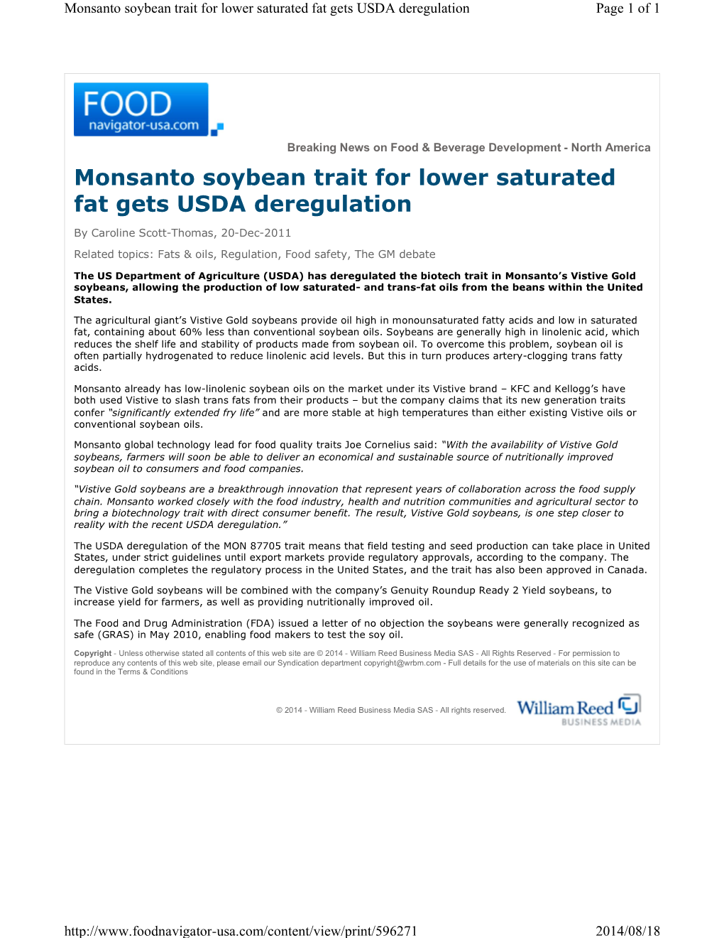 Monsanto Soybean Trait for Lower Saturated Fat Gets USDA Deregulation Page 1 of 1