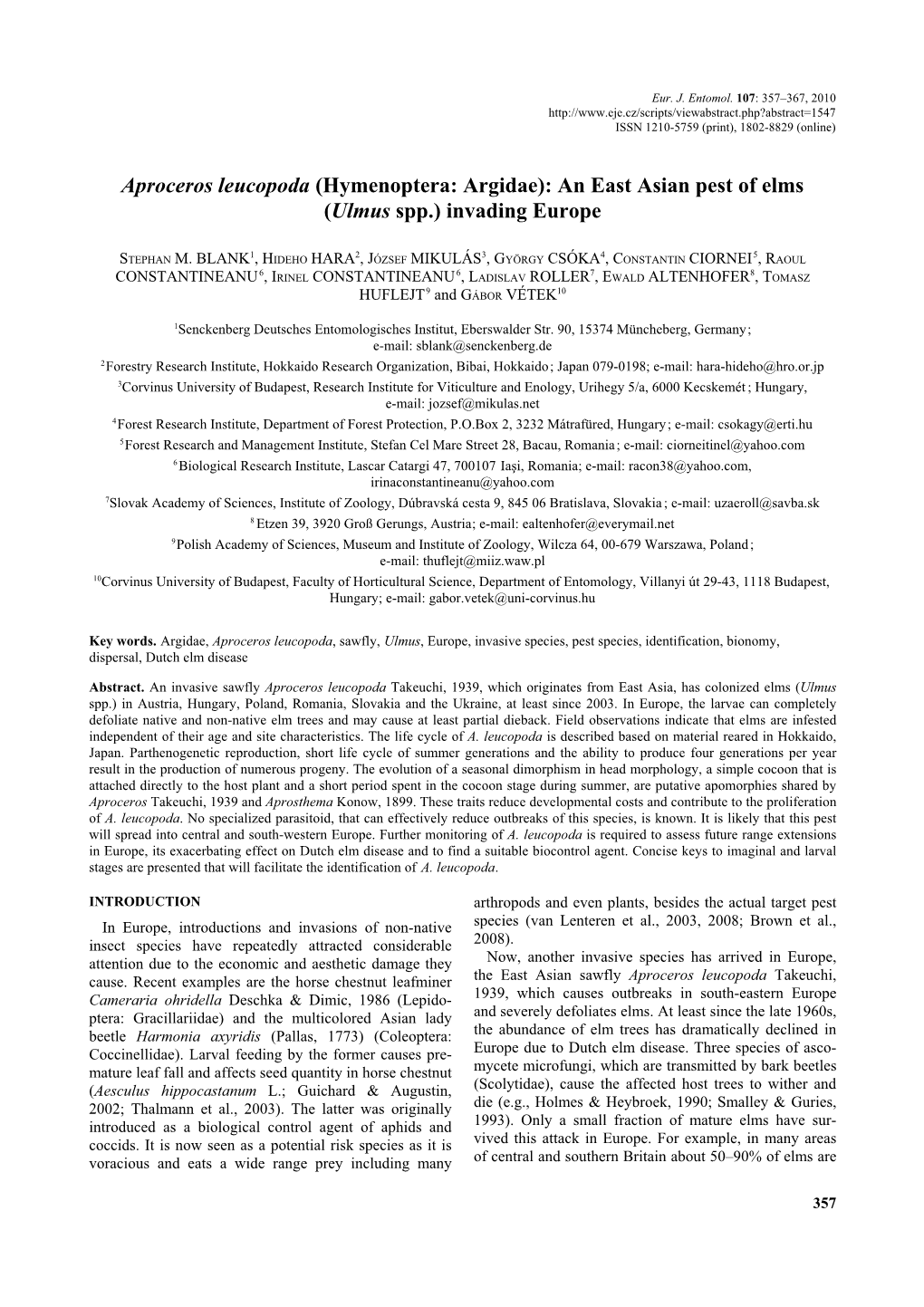 Aproceros Leucopoda (Hymenoptera: Argidae): an East Asian Pest of Elms (Ulmus Spp.) Invading Europe