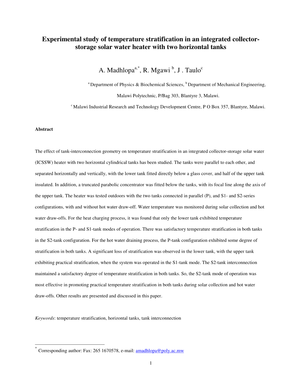 Experimental Study of Temperature Stratification in an Integrated Collector- Storage Solar Water Heater with Two Horizontal Tanks