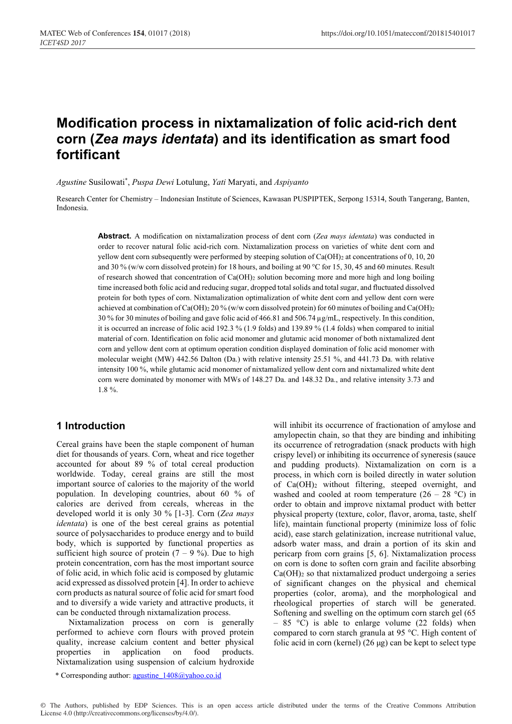 Modification Process in Nixtamalization of Folic Acid-Rich Dent Corn (Zea Mays Identata) and Its Identification As Smart Food Fortificant