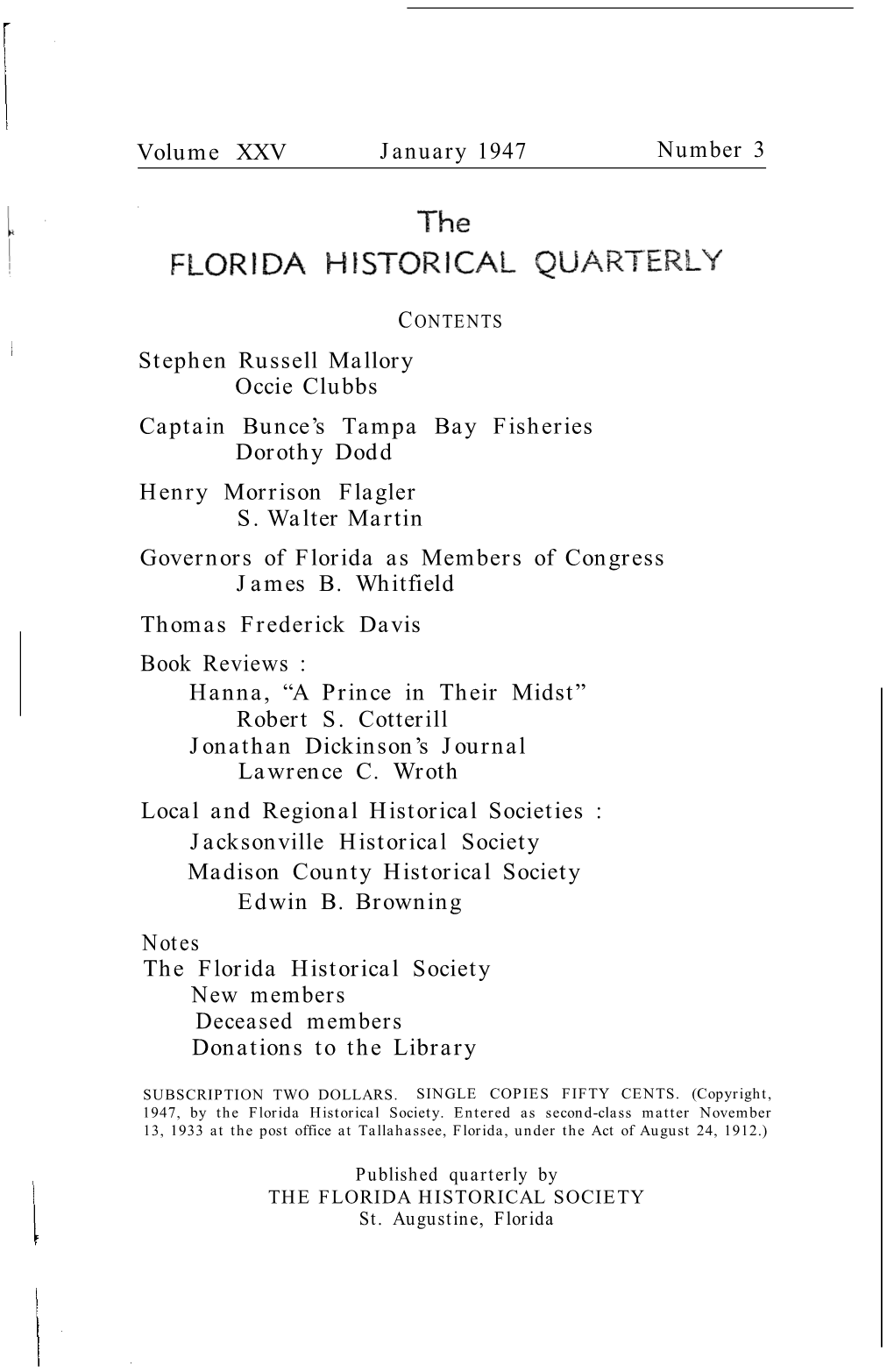 Volume XXV January 1947 Number 3 Stephen Russell Mallory Occie