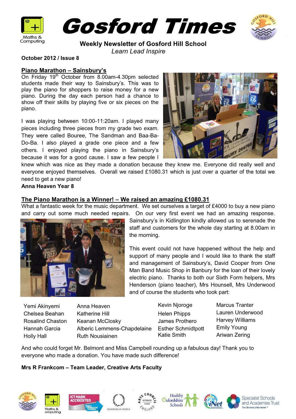 Weekly Newsletter of Gosford Hill School Learn Lead Inspire October 2012 / Issue 8