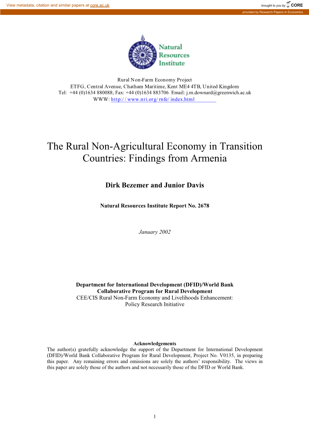 The Rural Non-Farm Economy in Armenia