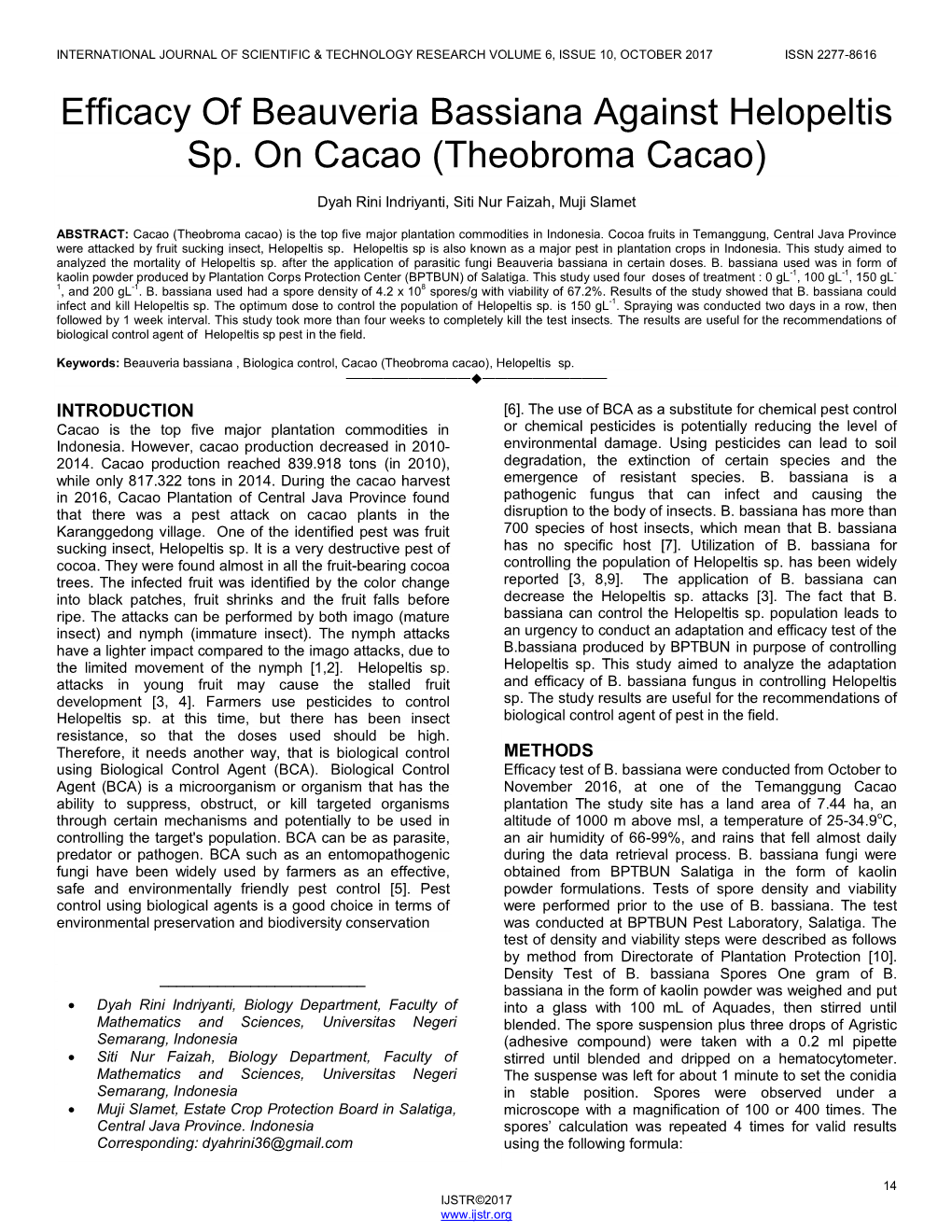 Efficacy of Beauveria Bassiana Against Helopeltis Sp. on Cacao (Theobroma Cacao)