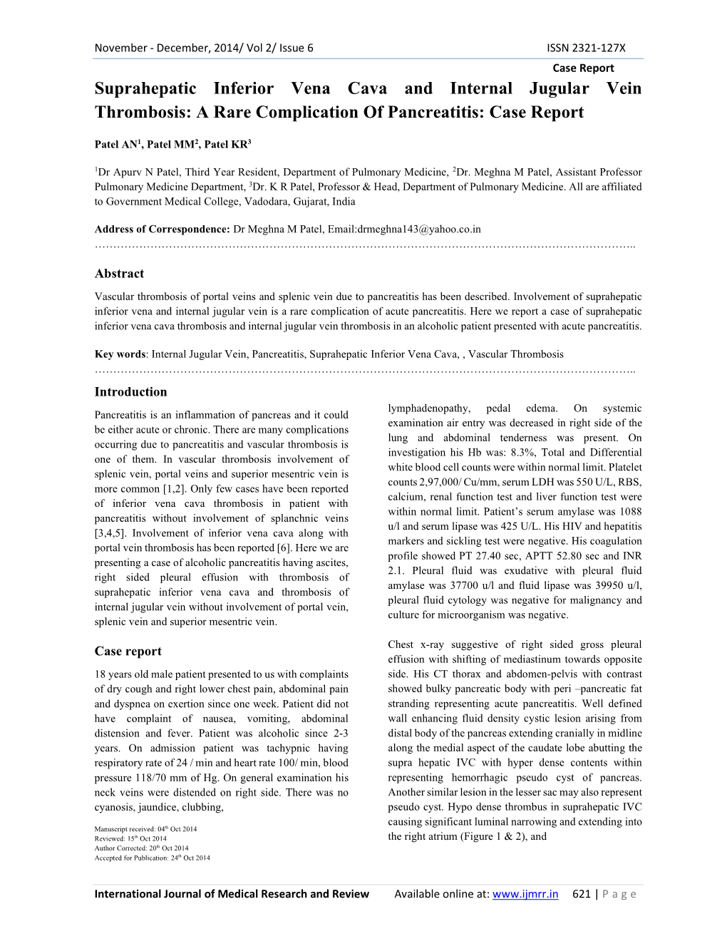 Suprahepatic Inferior Vena Cava and Internal Jugular Vein Thrombosis: a Rare Complication of Pancreatitis: Case Report