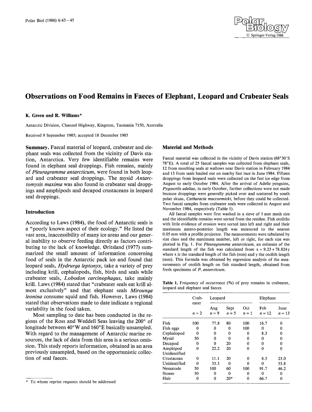 Observations on Food Remains in Faeces of Elephant, Leopard and Crabeater Seals