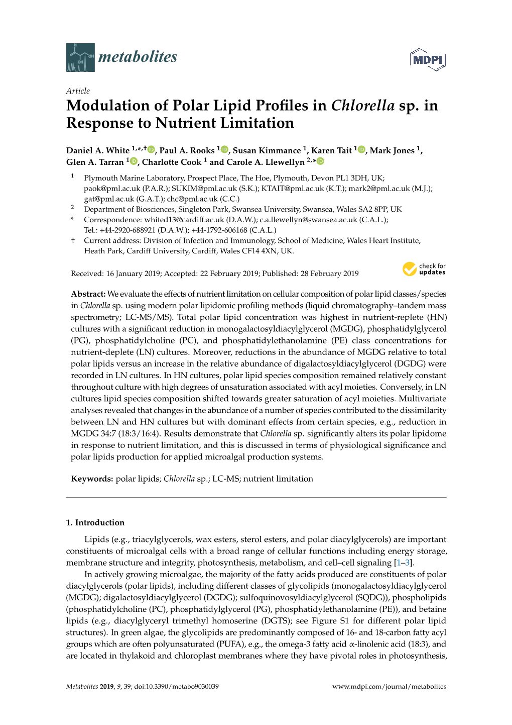 Modulation of Polar Lipid Profiles in Chlorella Sp. in Response To