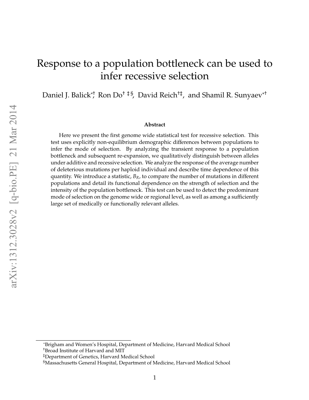 Response to a Population Bottleneck Can Be Used to Infer Recessive Selection Arxiv:1312.3028V2 [Q-Bio.PE] 21 Mar 2014