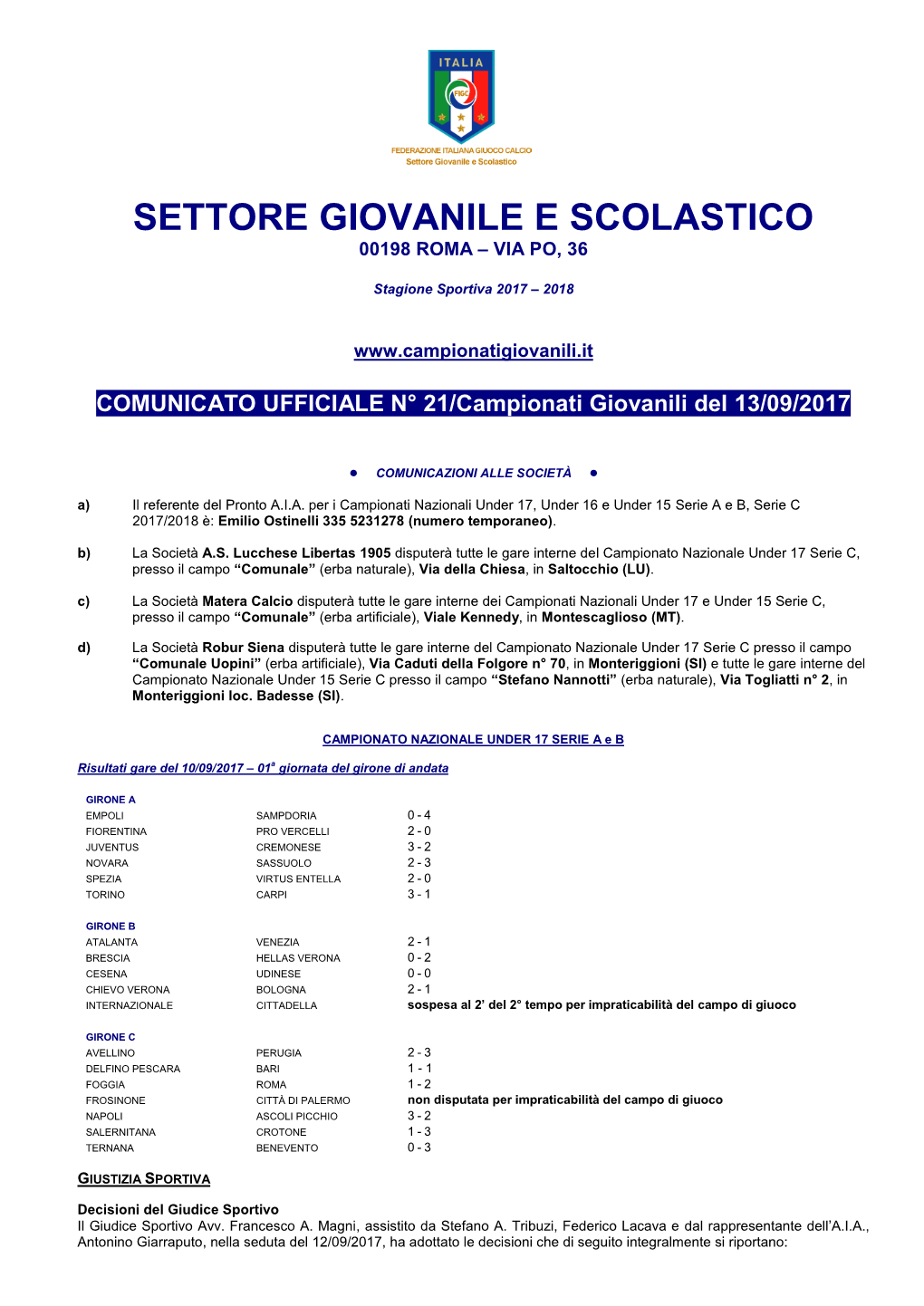 Settore Giovanile E Scolastico 00198 Roma – Via Po, 36