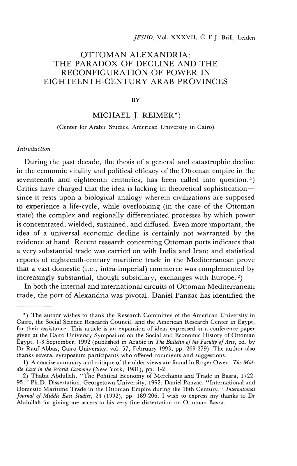 Ottoman Alexandria: the Paradox of Decline and the Reconfiguration of Power in Eighteenth-Century Arab Provinces