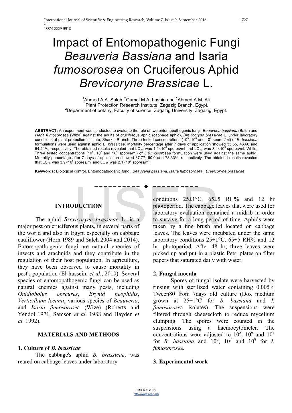 Impact of Entomopathogenic Fungi Beauveria Bassiana and Isaria Fumosorosea on Cruciferous Aphid Brevicoryne Brassicae L