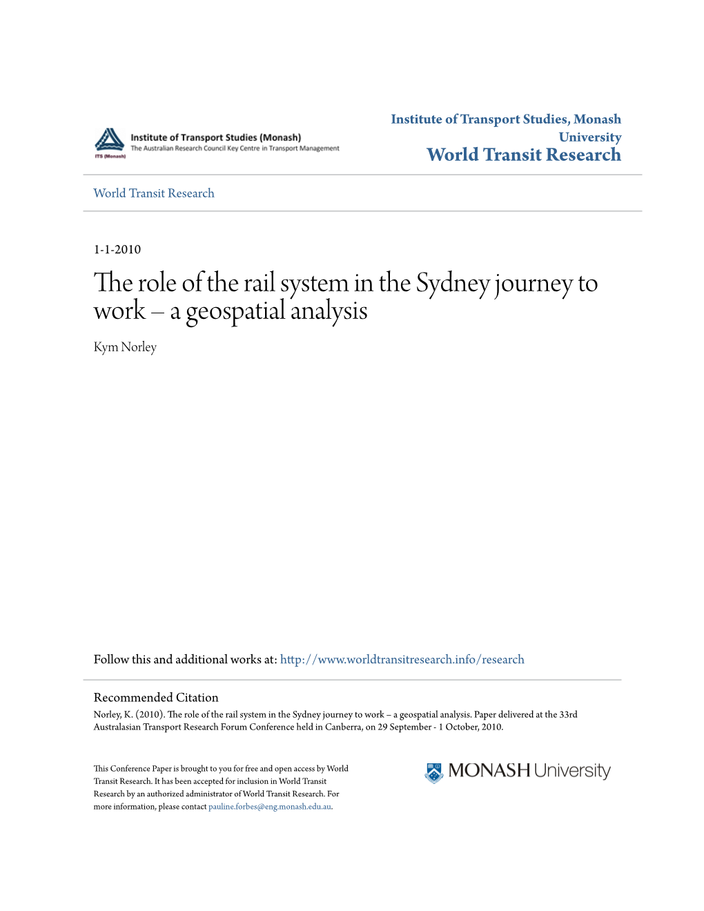 The Role of the Rail System in the Sydney Journey to Work Â•ﬁ A