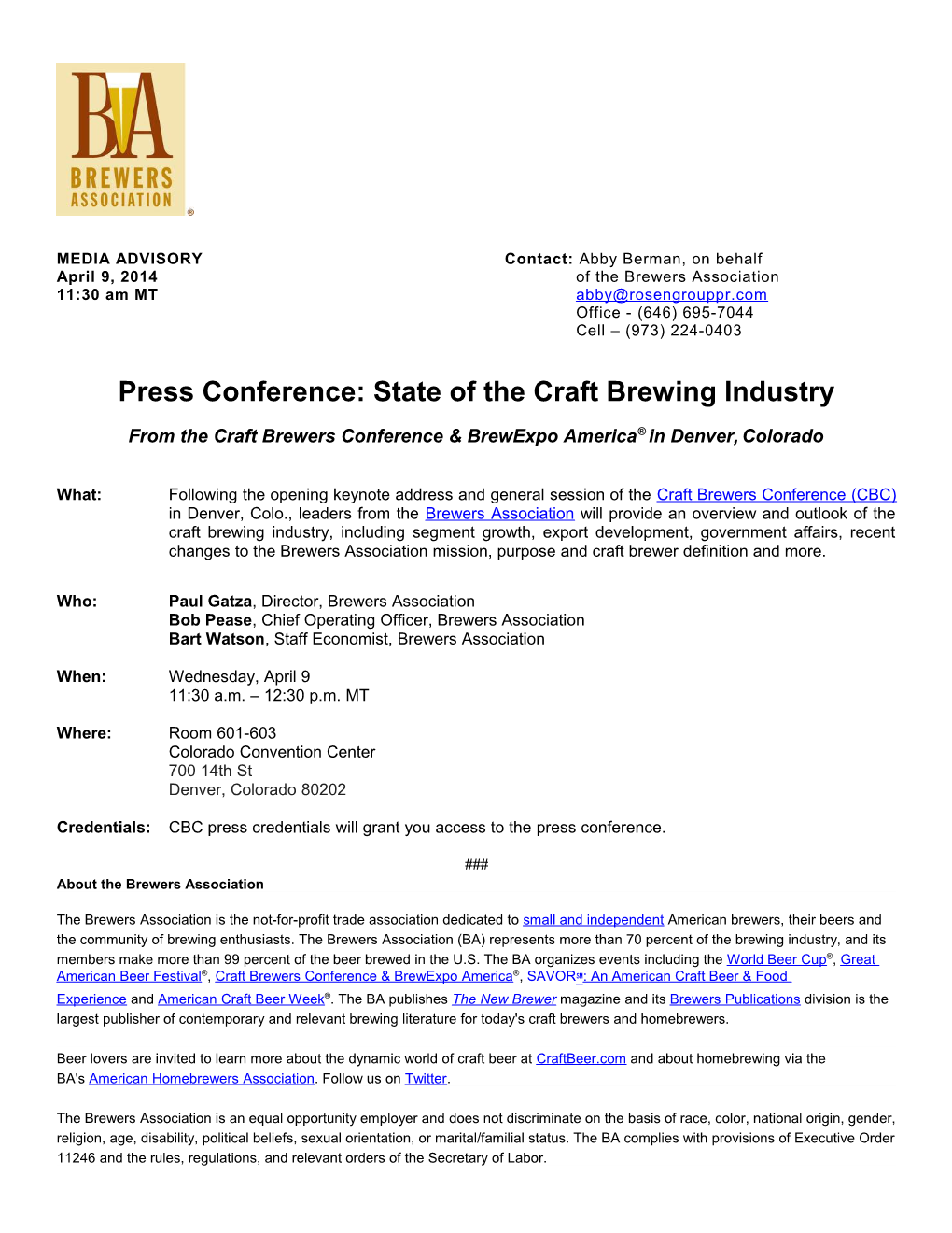 Press Conference: State of the Craft Brewing Industry
