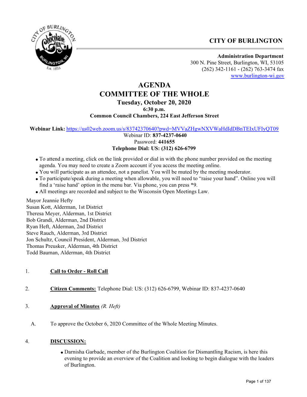 AGENDA COMMITTEE of the WHOLE Tuesday, October 20, 2020 6:30 P.M