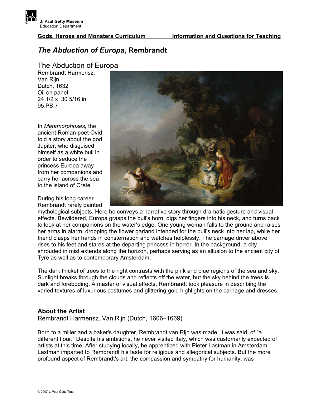 J. Paul Getty Trust Gods, Heroes and Monsters Curriculum Information and Questions for Teaching