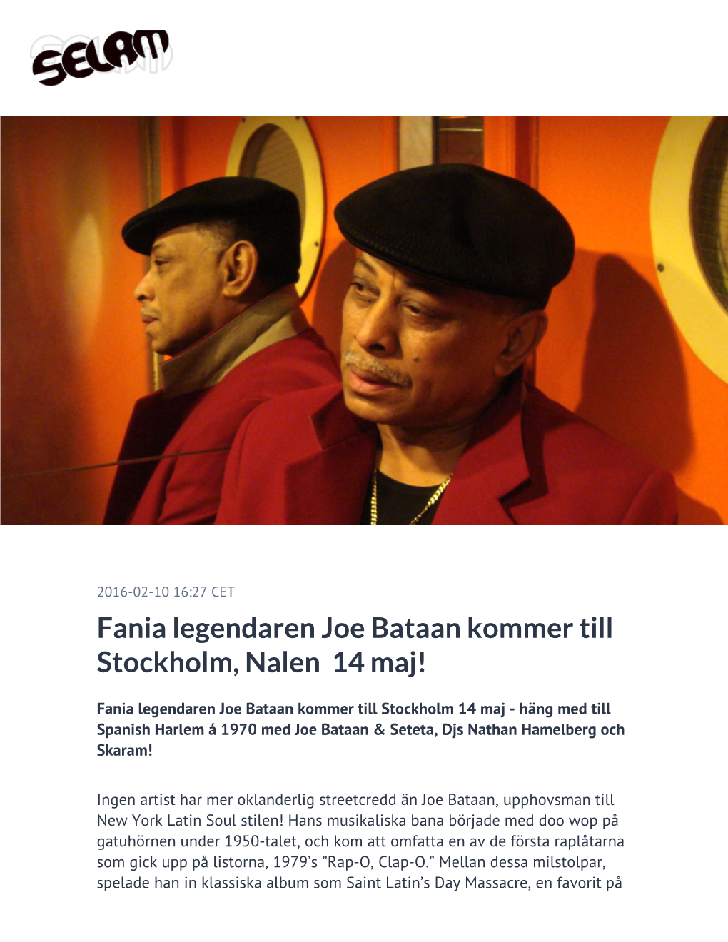 Fania Legendaren Joe Bataan Kommer Till Stockholm, Nalen 14 Maj!