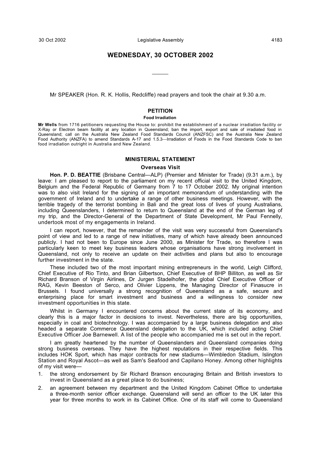 Hansard 30 October 2002